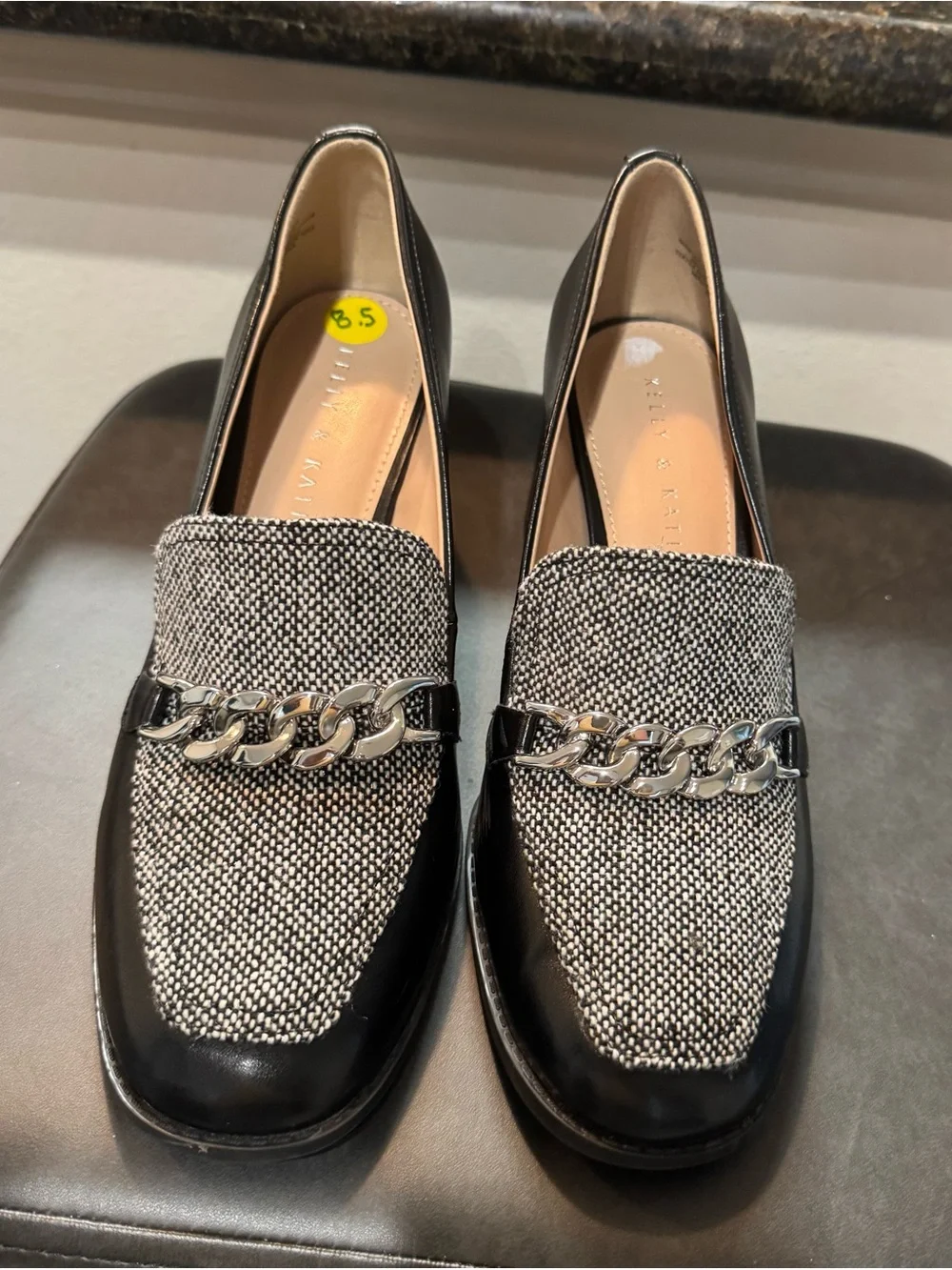 Kelly & Katie Black and White Chain-Trim Loafers